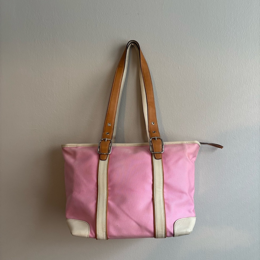 Vintage Y2K Coach Pink Canvas Hampton Spring Travel Tote Leather Trim - Picture 2 of 11